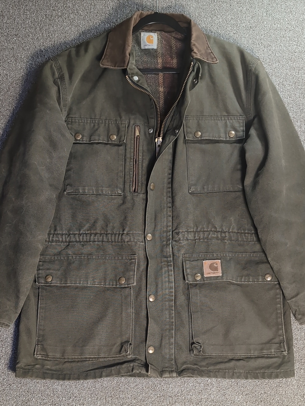Vintage 90s CARHARTT Blanket Lined Trail Parka Barn Coat Jacket Moss Green XL